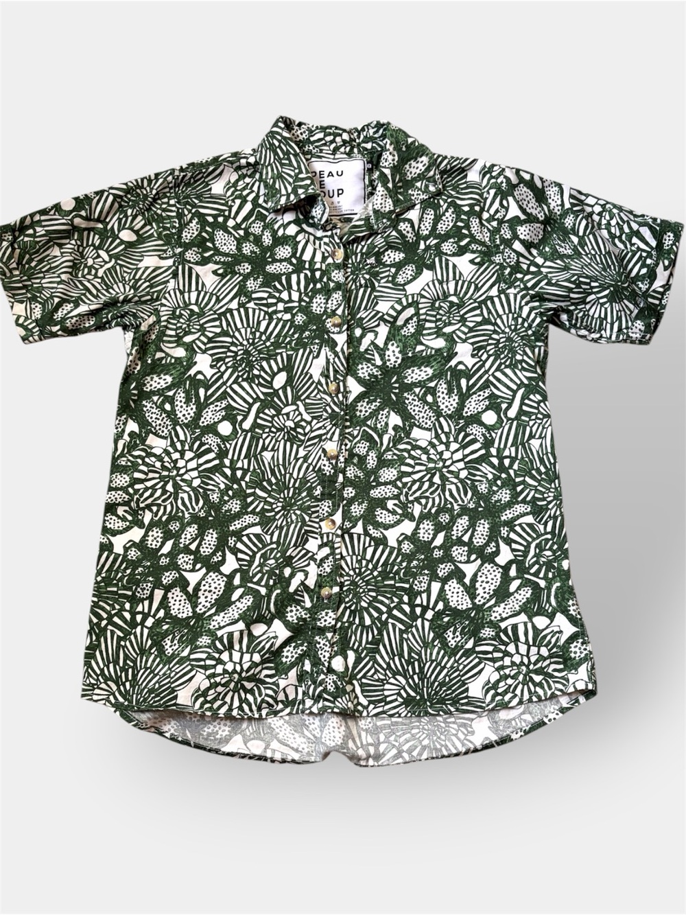 Peau De Loup Green White Abstract Floral Pattern Button Up Shirt Size 8